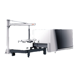 Bodor iLoader Eco, auxiliar de carga de chapa com braço junto a uma máquina de corte laser