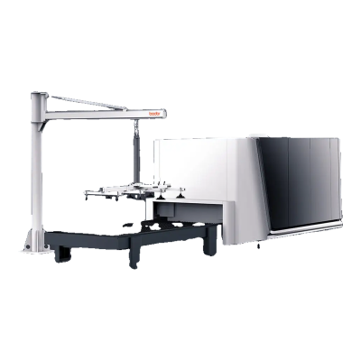 Bodor iLoader Eco, auxiliar de carga de chapa com braço junto a uma máquina de corte laser
