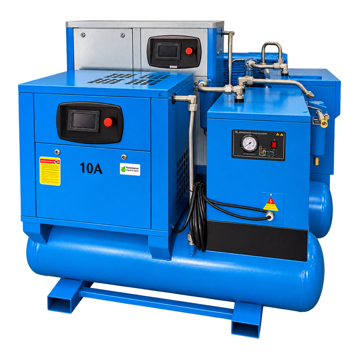 CNCColgar 7,5 kW 10 CV – compressor de parafuso Compressor de parafuso CNCColgar 7,5 kW 10 CV azul com depósito e secador