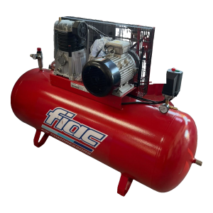 Compressor FIAC 270 litros AB 300/590 TF com depósito vermelho, bomba, motor e grelha de proteção da correia