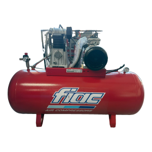 Compressor FIAC AB 300/590 TF de 270 litros visto de frente, com bomba, motor e regulador de pressão