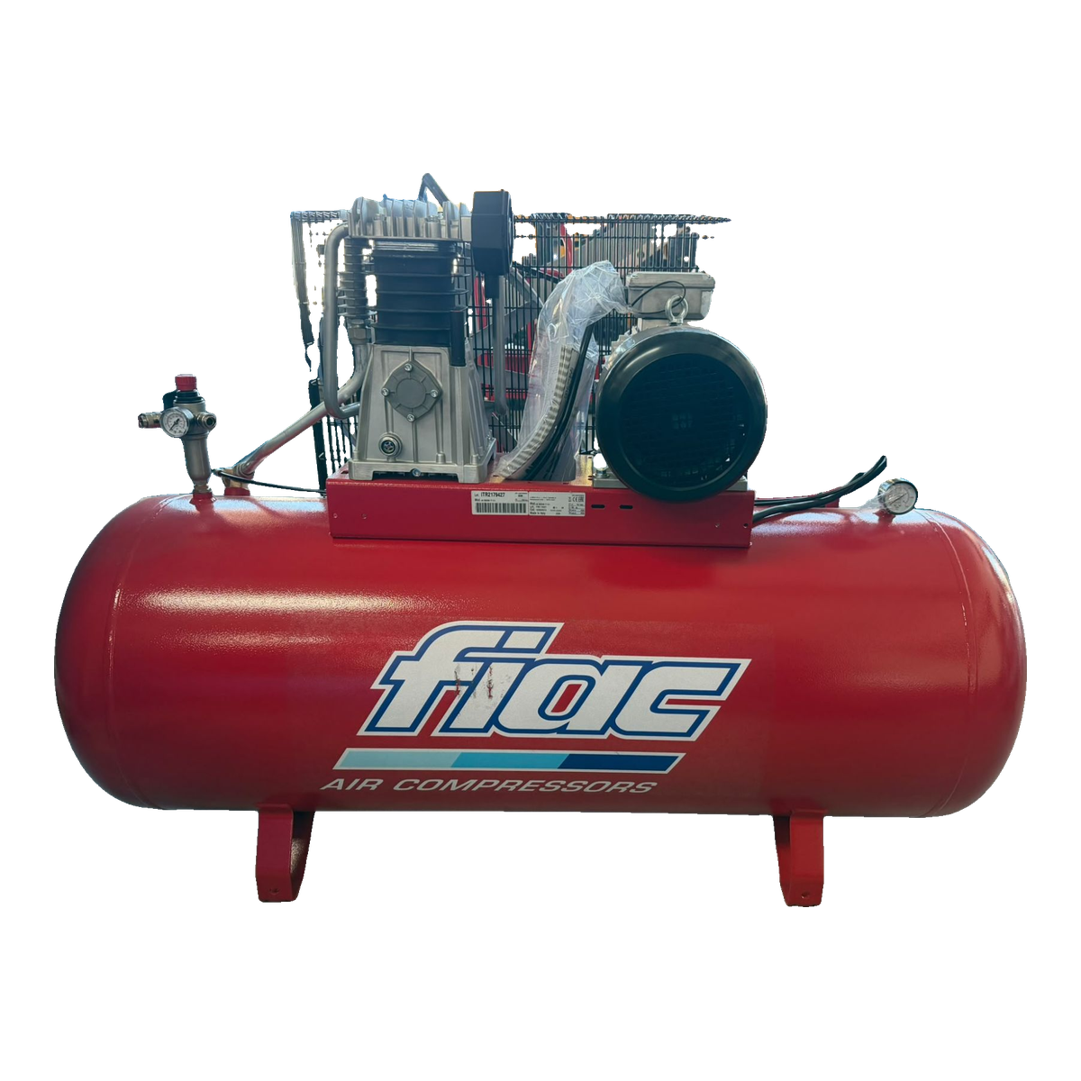 FIAC AB 300/590 TF – vista de frente Compressor FIAC AB 300/590 TF de 270 litros visto de frente, com bomba, motor e regulador de pressão