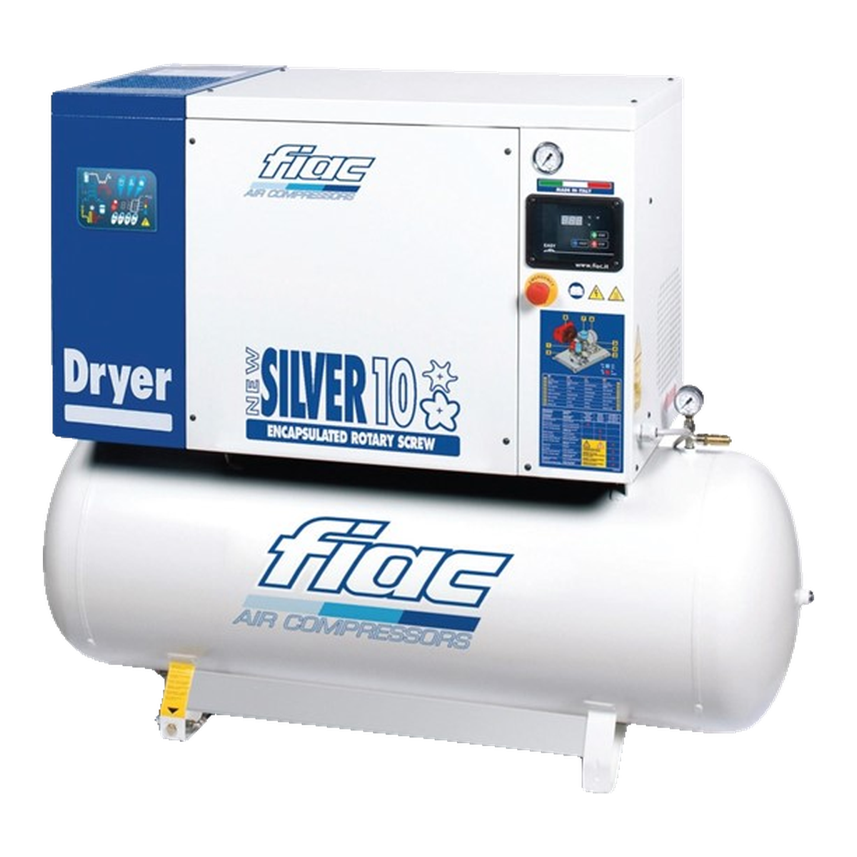FIAC New Silver D 7.5/300 – compressor de parafuso com secador Compressor FIAC New Silver D 7.5/300 com secador sobre depósito de 300 L