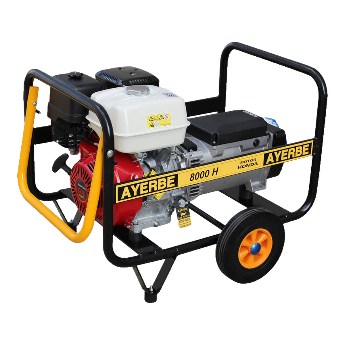 Ayerbe 8000 H-MN – gerador a gasolina Honda GX 390 Gerador Ayerbe 8000 H-MN a gasolina com motor Honda GX 390, chassis em tubo, rodas e pega