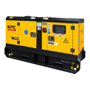 Gerador diesel trifásico KPC KX45S3 amarelo e preto com painel de comando