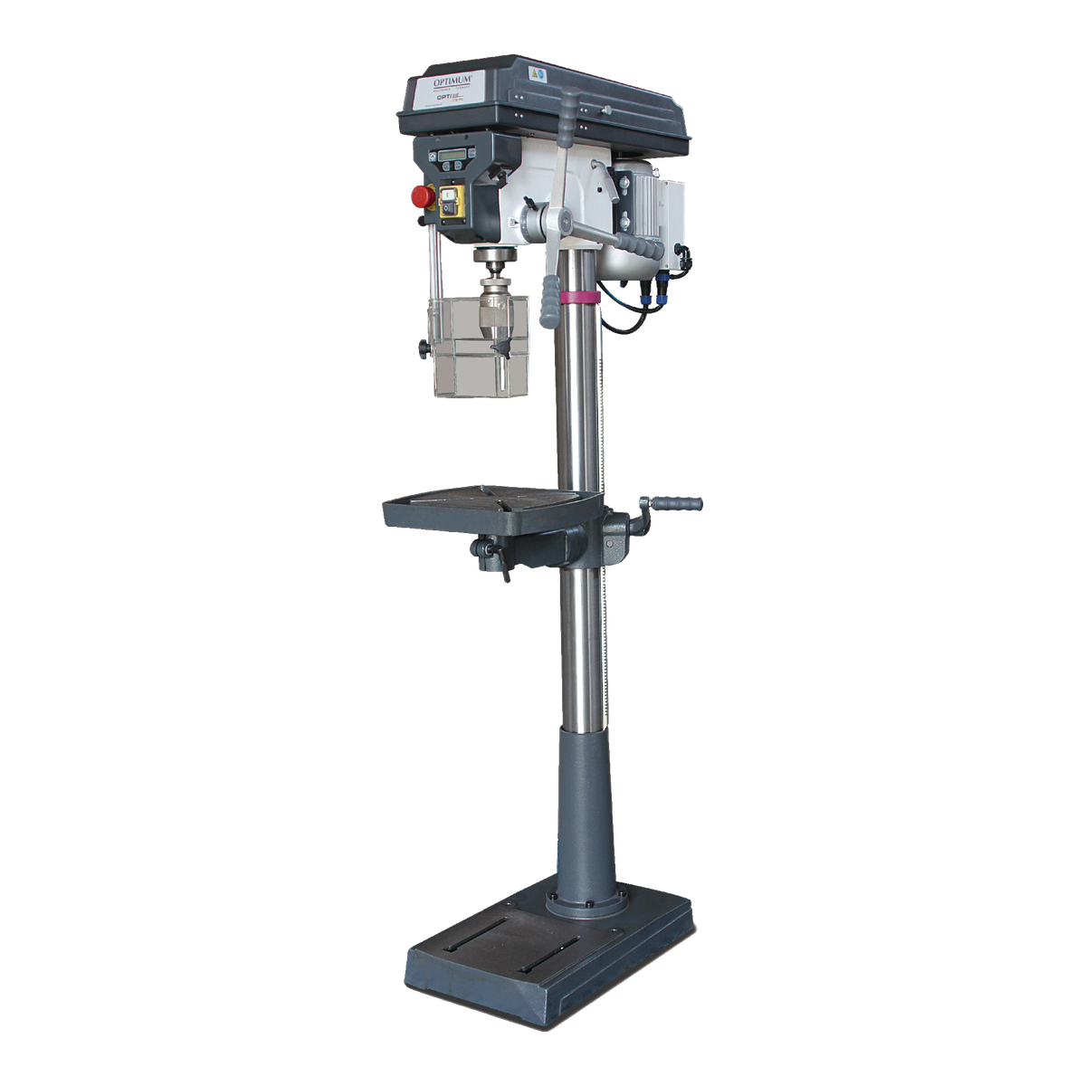 Optimum OPTIdrill D 26Pro – engenho de furar de coluna Engenho de furar D 26Pro Optimum, engenho de coluna cinzento com mesa inclinável e base com ranhuras