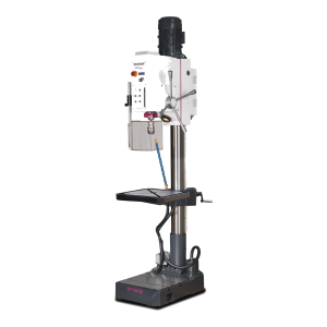 Engenho de furar DH 32GSV Optimum branco com cabeça de engrenagens, mesa rotativa e base com ranhuras