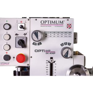 Painel de comando do engenho Optimum DH 40GP com seletores de velocidade e paragem de emergência