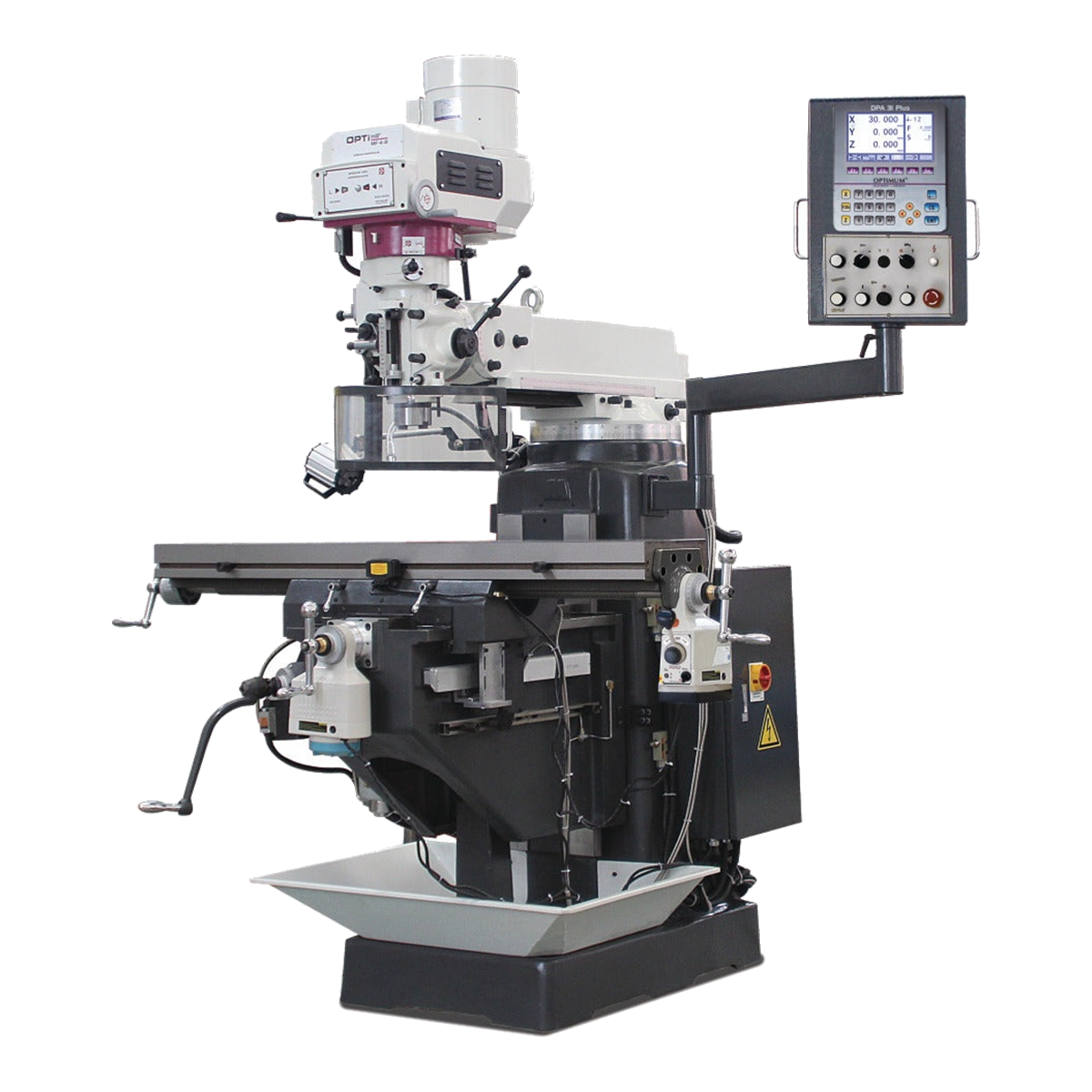 Optimum OPTImill MF 4-B – fresadora multifunções Fresadora MF 4-B Optimum com cabeça de torreta, braço de comando com visor, mesa longa e base