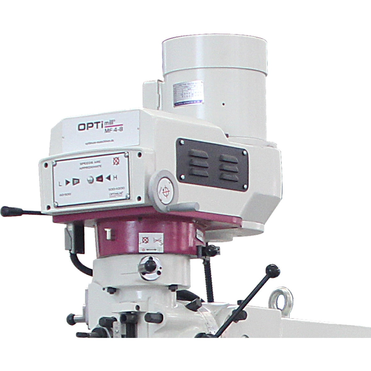 Optimum OPTImill MF 4-B – cabeça de fresar Cabeça de fresar da Optimum MF 4-B com motor, comandos e anel magenta