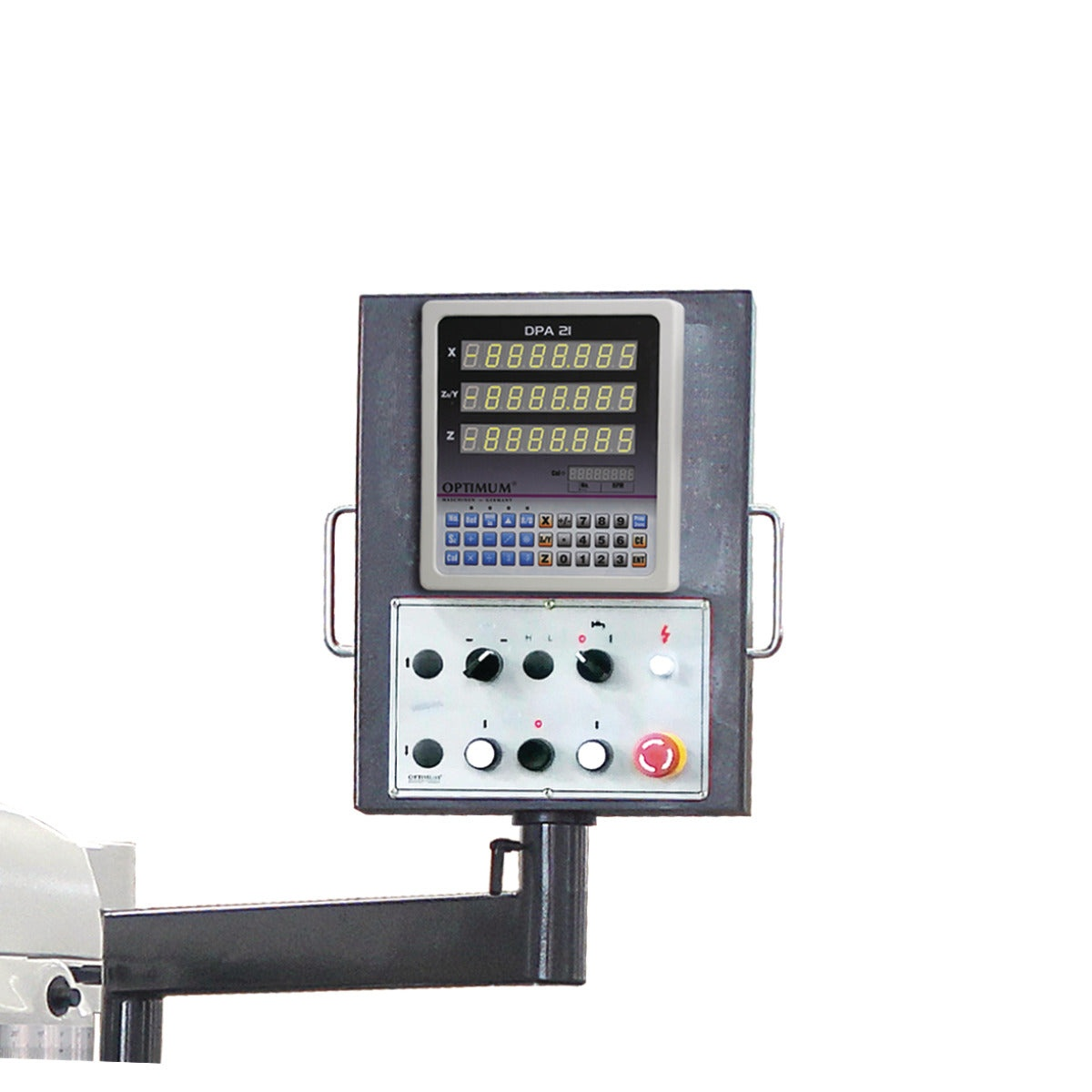 Optimum OPTImill MF 4-B – painel de comando Painel de comando com visor digital da fresadora Optimum MF 4-B montado em braço