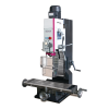 Fresadora MH 35V Optimum branca e preta com cabeça de engrenagens, coluna e mesa em cruz