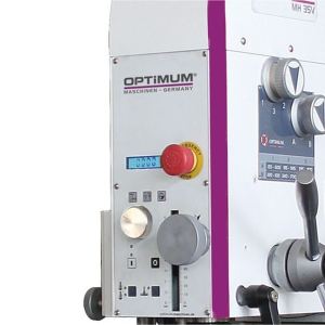Painel de comando da fresadora Optimum MH 35V com visor, paragem de emergência e seletores