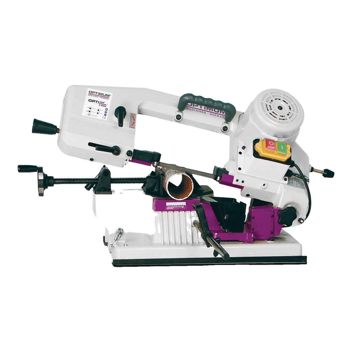 Optimum OPTIsaw S 100G – serra de fita portátil Serra de fita S 100G Optimum portátil branca com pega, arco, torno magenta e base