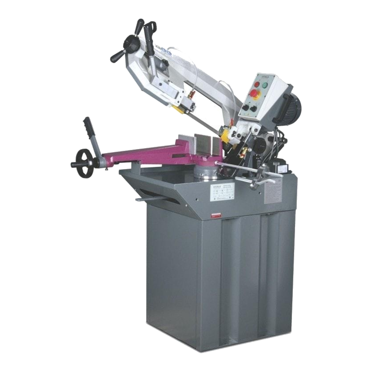 Optimum OPTIsaw S 210G – serra de fita para metal Serra de fita S 210G Optimum com arco branco, torno magenta, painel de comando e base cinzenta