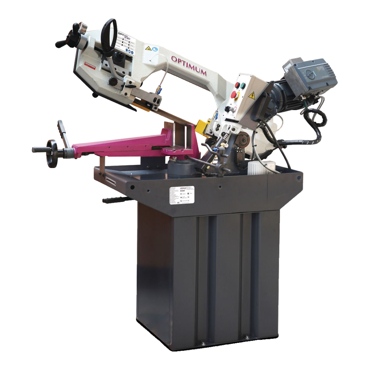 Optimum OPTIsaw SD 281V – serra de fita com variador Serra de fita SD 281V Optimum com arco branco, aperto magenta, variador e base cinzenta