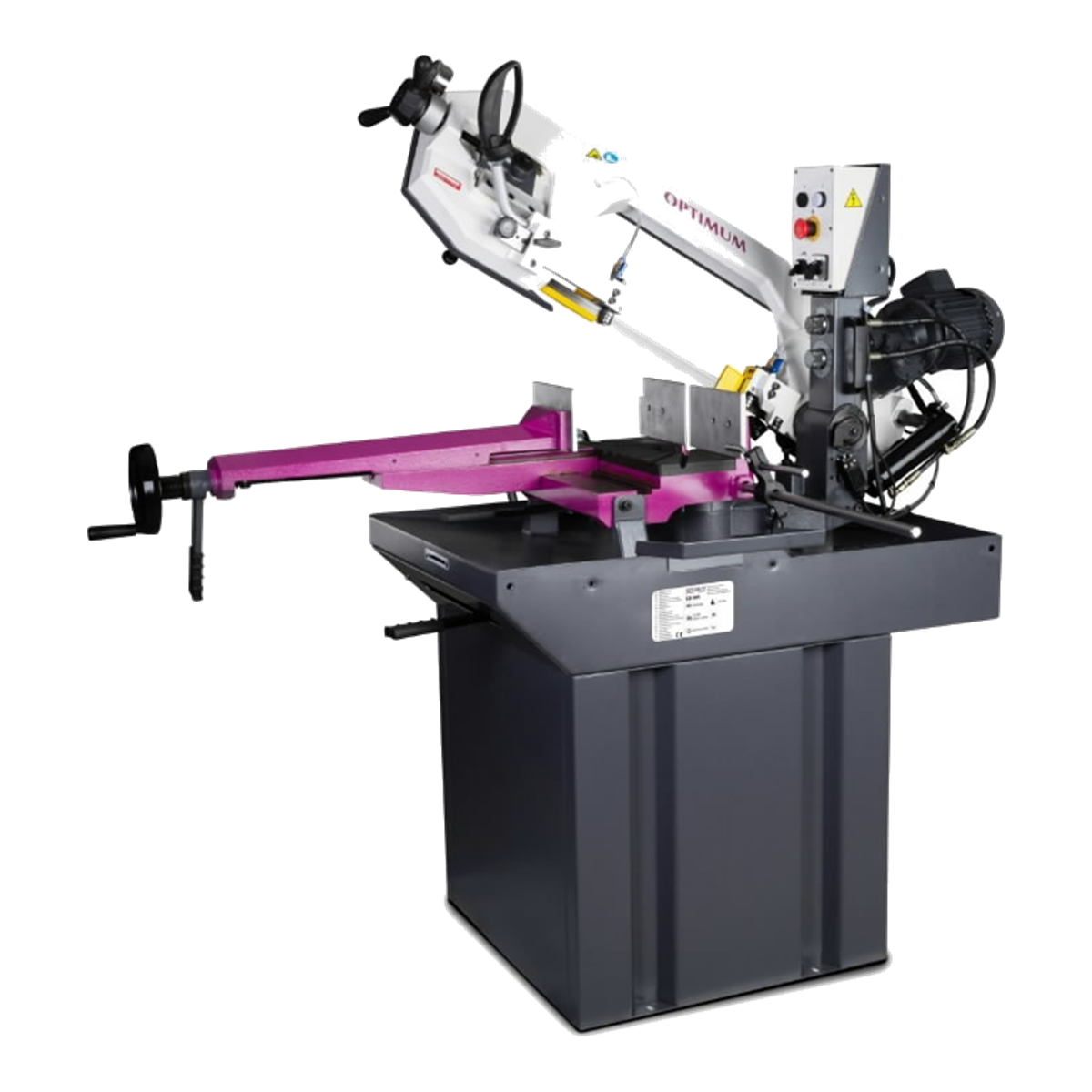 Optimum OPTIsaw SD 285 – serra de fita de esquadria dupla Serra de fita SD 285 Optimum de esquadria dupla com arco branco, braço magenta e base cinzenta