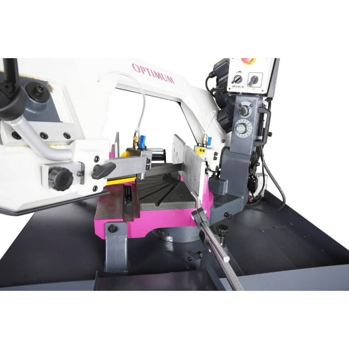 Optimum OPTIsaw SD 285 – zona de corte Arco e mesa de corte da serra Optimum SD 285, vista de pormenor