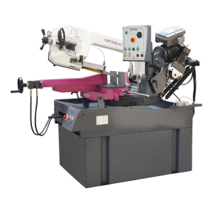 Serra de fita SD 351AV Optimum semiautomática com arco branco, painel de comando, aperto magenta e base cinzenta