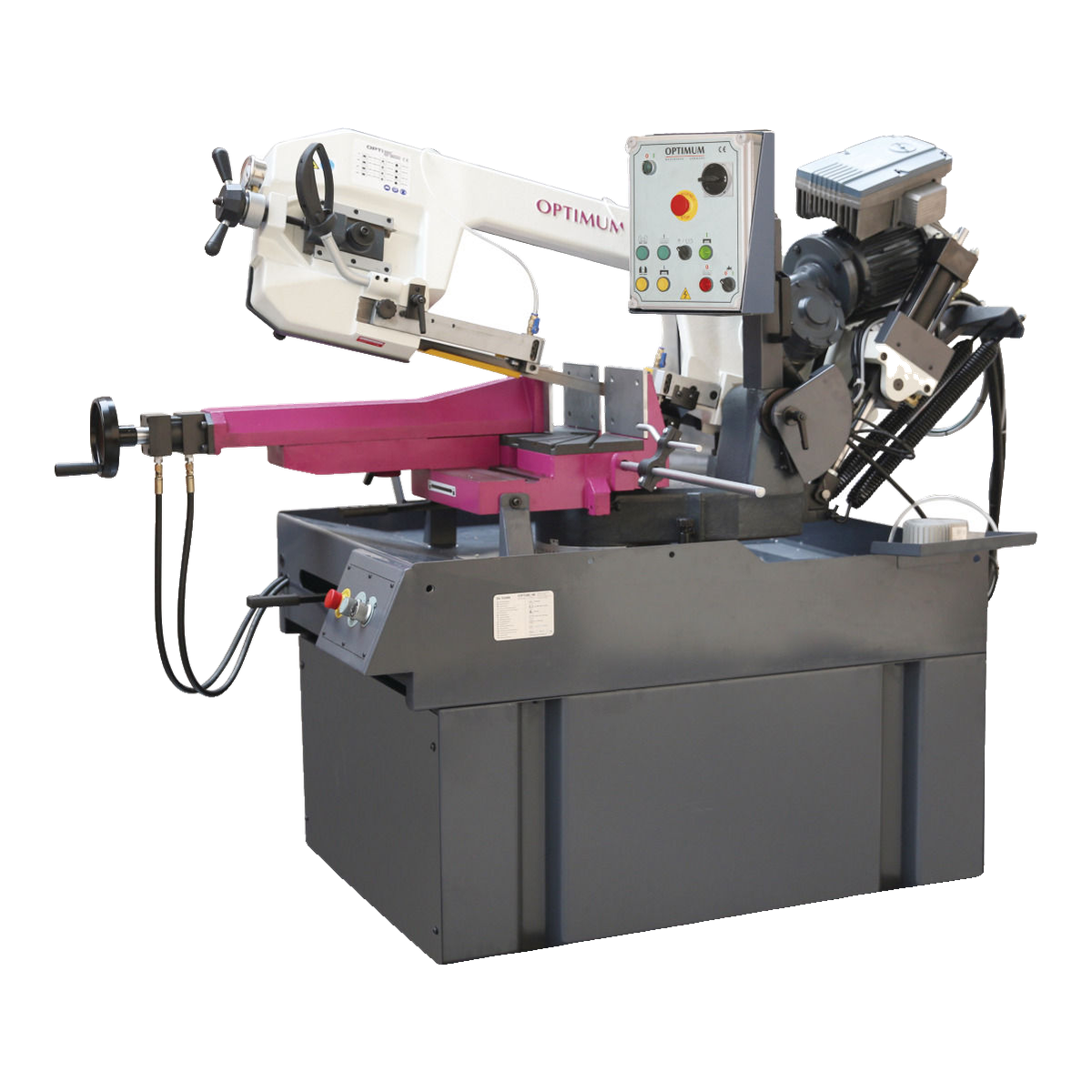 Optimum OPTIsaw SD 351AV – serra de fita semiautomática Serra de fita SD 351AV Optimum semiautomática com arco branco, painel de comando, aperto magenta e base cinzenta