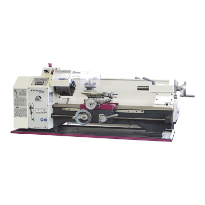 Torno de bancada TU 2406V Optimum branco com bucha de três grampos, carro e contraponto, vista de frente
