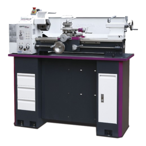 Torno de bancada TU 2807 Optimum branco sobre móvel cinzento com gavetas e porta, vista de frente