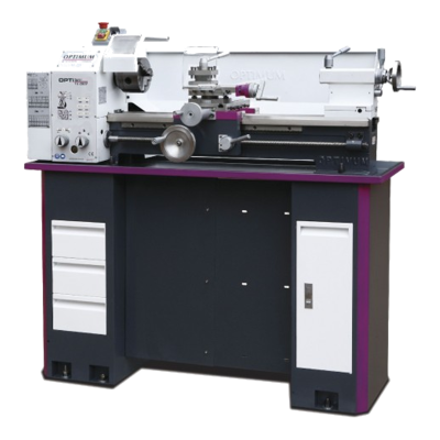 Torno de bancada TU 2807 Optimum branco sobre móvel cinzento com gavetas e porta, vista de frente