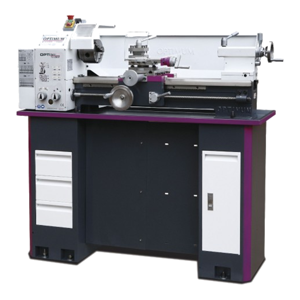 Optimum OPTIturn TU 2807 – torno de bancada de 700 mm Torno de bancada TU 2807 Optimum branco sobre móvel cinzento com gavetas e porta, vista de frente