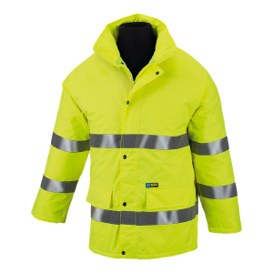 Parka de alta visibilidade amarela com faixas refletoras