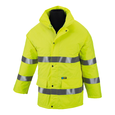 Parka de alta visibilidade amarela com faixas refletoras