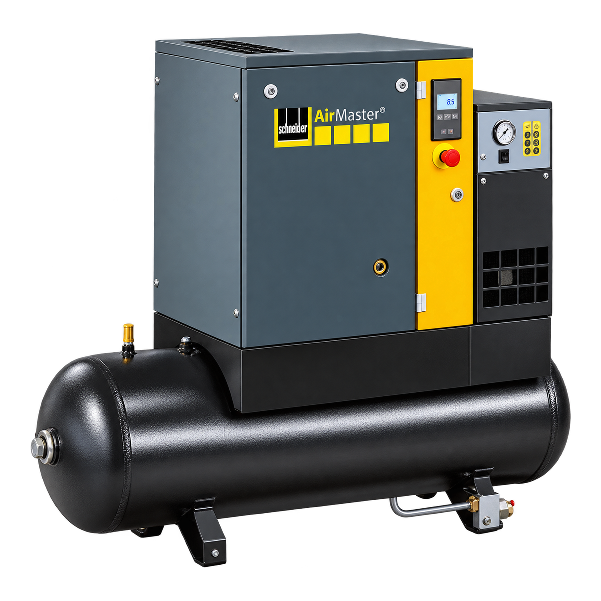 Schneider Schneider AirMaster AM 5D – compressor de parafuso Compressor de parafuso Schneider Schneider AirMaster AM 5D sobre depósito com secador