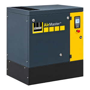 Compressor de parafuso Schneider AirMaster AM B 11-10 sobre base, com painel amarelo