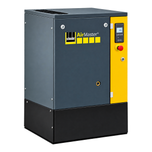 Compressor de parafuso Schneider AirMaster AM B 7-10 sobre base, com painel amarelo