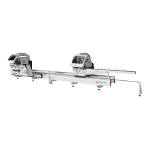 Serra de duas cabeças OZ Machine Gemini V SA com discos de 550 mm e barramento para perfis de alumínio e PVC