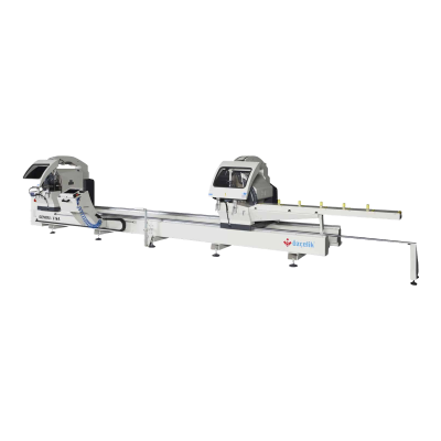 Serra de duas cabeças OZ Machine Gemini V SA com discos de 550 mm e barramento para perfis de alumínio e PVC