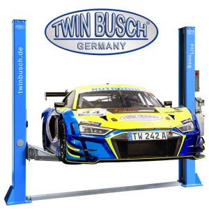 Elevador de 2 colunas Twin Busch azul com carro levantado